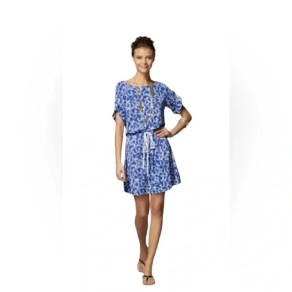 Lilly Pulitzer Nautical Anchor Blue Mini  Dress Drawstring Waist Size XS.  N - Picture 1 of 7